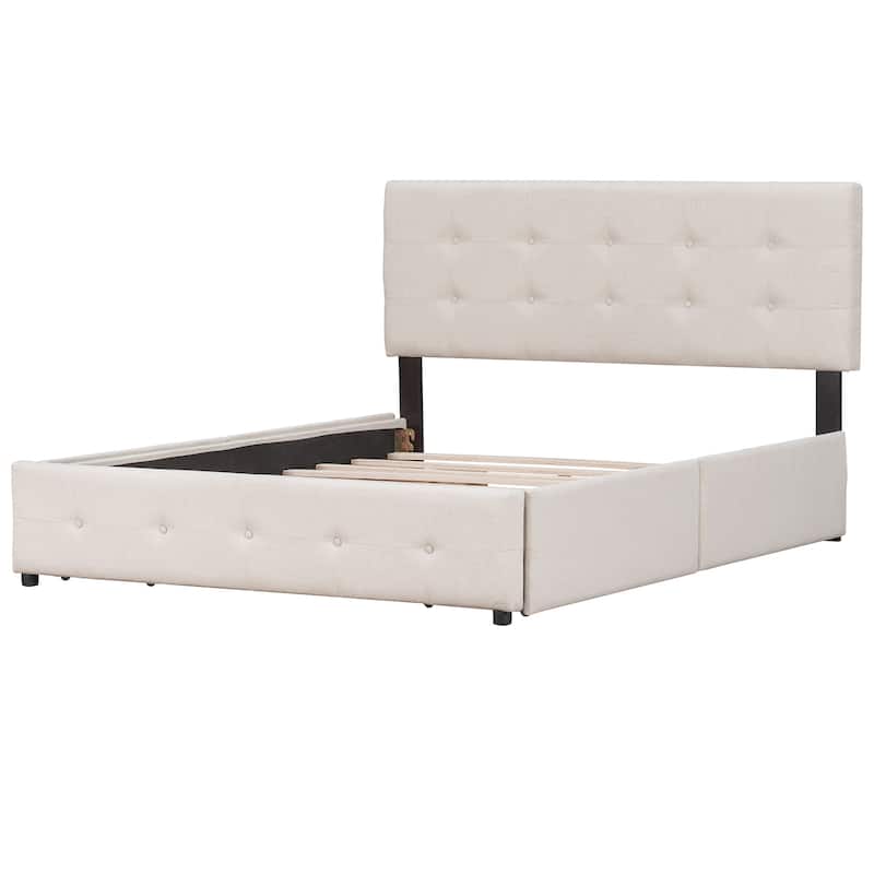 Linen Fabric Upholstered Platform Bed with Classic Headboard and 4 ...