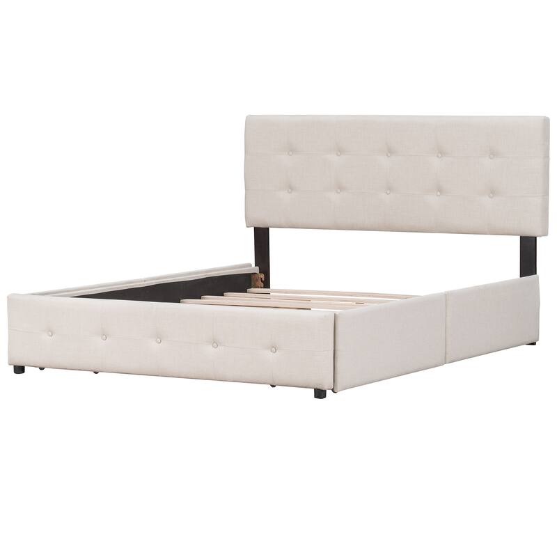Queen Size Upholstered Platform Bed with Headboard and 4 Drawers, Linen Fabric, No Box Spring Needed
