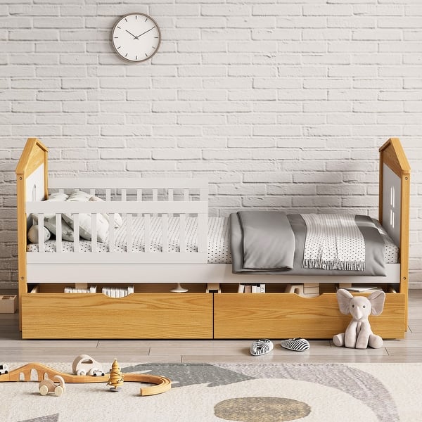 slide 2 of 9, House Shaped Platform Bed,Twin Size Pine Wood Bed Frame with 2 Drawers White+Walnut - Twin