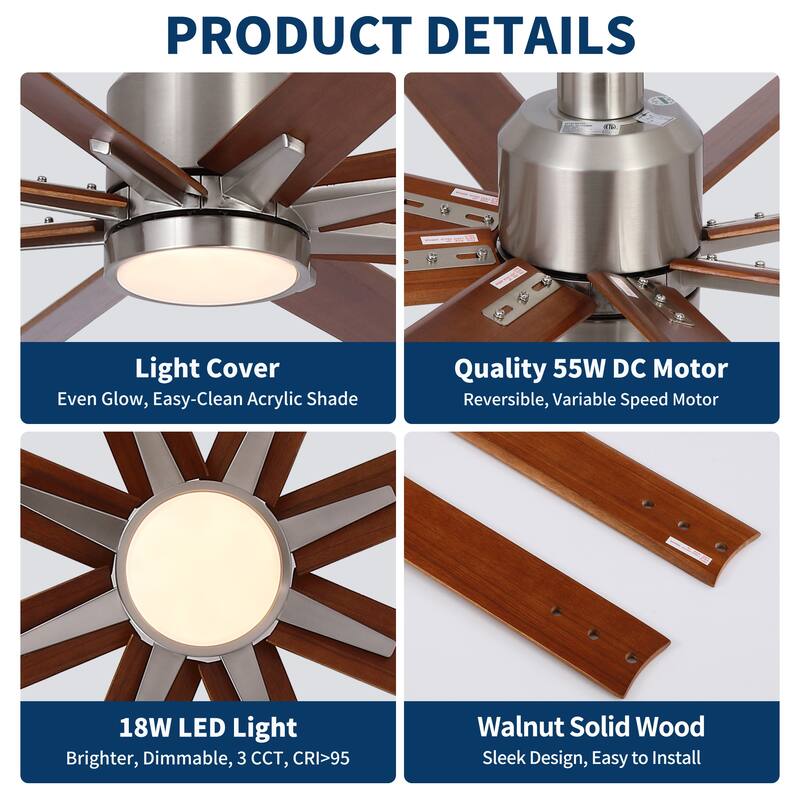 84" Oversized Large Black Walnut Solid Wood Ceiling Fan with Dimmable Led Light 8 Blades Remote Control Reversible DC Motor