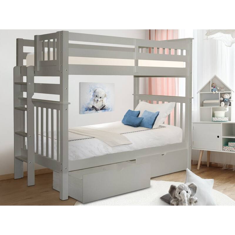 Taylor & Olive Trillium Tall Twin over Twin Bunk Bed, 2 Drawers - Grey