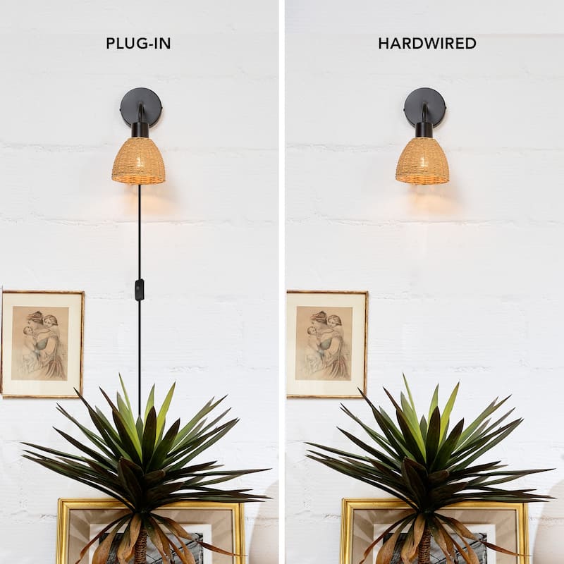 Briar 1-Light Matte Black Plug-In or Hardwire Wall Sconce with Rattan Shade - one size