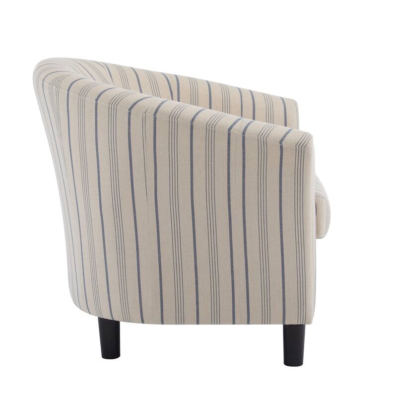 Roomfitters Striped Barrel Accent Chair with Upholstered Curved Back and Cushion Seat, Lounge Chair, Beige, Blue Stripe