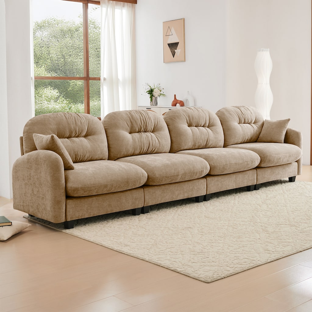 Sectional Sofa with Tufted Backrest, Chaise Lounge Sofa with 2 Throw Pillows, Four-Seater Recliner Sofa for Living Room