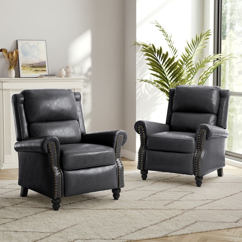 Nail-head Padded Seat Pushback Recliner Chair - Black-Set of 2 - Faux Leather