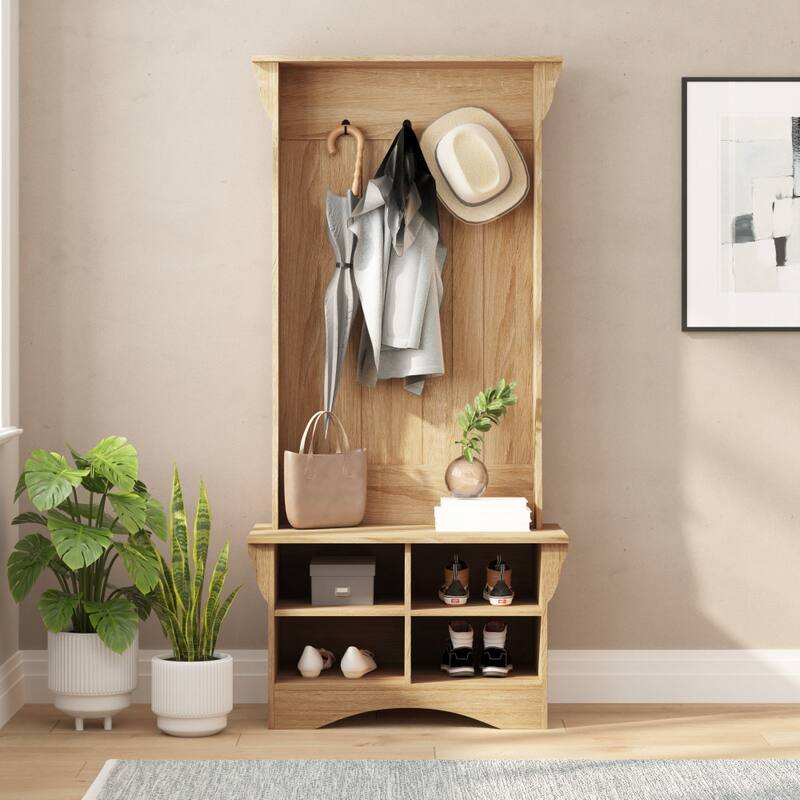 Hall Tree with Divided Cubby Bench Storage and 3 Coat Hooks - Weathered Natural