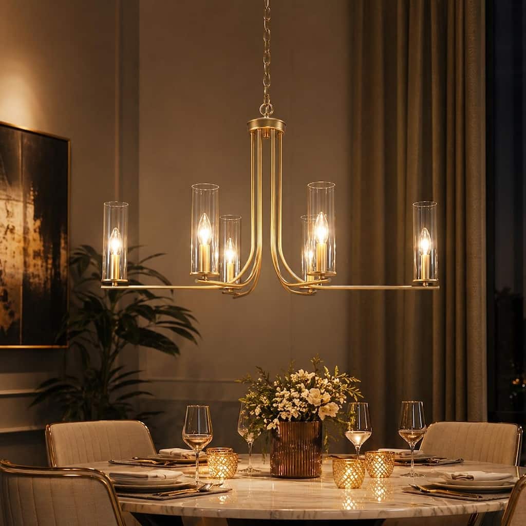 Mid-Century Modern 6-Light Gold Chandelier Metal Glass Island Light for Dining Room - W 36" x D 18" H 21"
