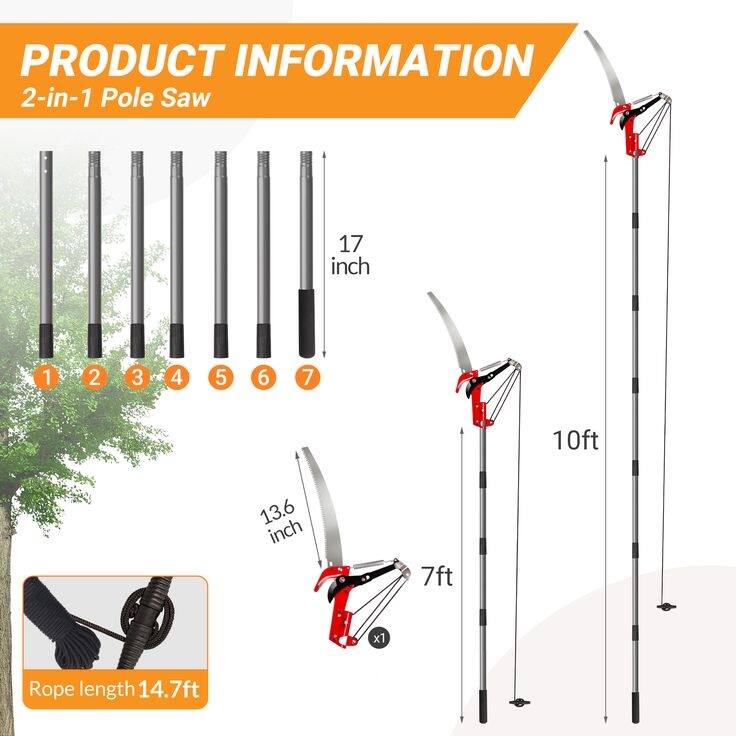 Suchtale Manual Pole Saw and Pruner with Sharp Blade Scissors, Lightweight Handles for High Branches