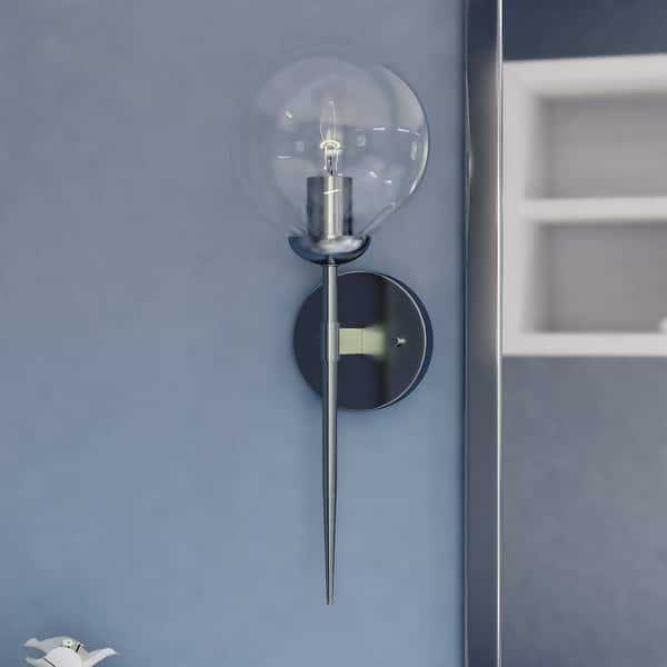 slide 2 of 13, Olson 1 Light Mid-Century Modern Wall Sconce Clear Globe Glass - 6-in. W x 16.5-in. H x 7-in. D Satin Nickel - 6-in W x 16.5-in H x 7-in D