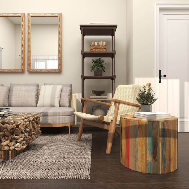 Brown Reclaimed Wood Handmade Pinwheel Drum Geometric Coffee Table with Colorful Painted Accents