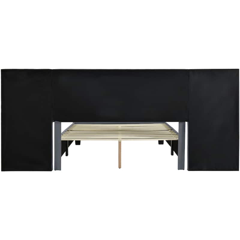 Queen Size Upholstered Platform Bed with Big Headboard, Bedroom Furniture, Velvet, Beige
