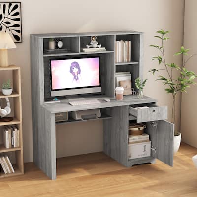 Wood Executive Desk with Hutch & Bookshelf, Study Laptop Table for Home