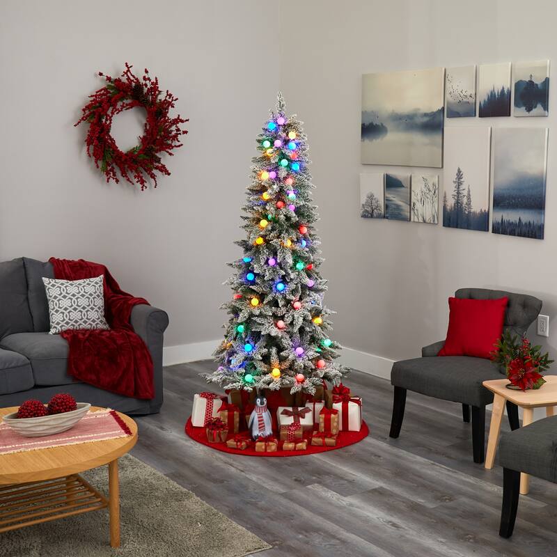 5ft. Flocked Fir Artificial Christmas Tree with 50 Multi-Color Globe Bulbs and 379 Branches - Playful X-Mas Accent Tree