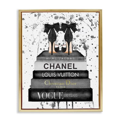 Stupell Glam Fashion Book Stack Grey Bow Pump Heels Ink Floater Frame - Black