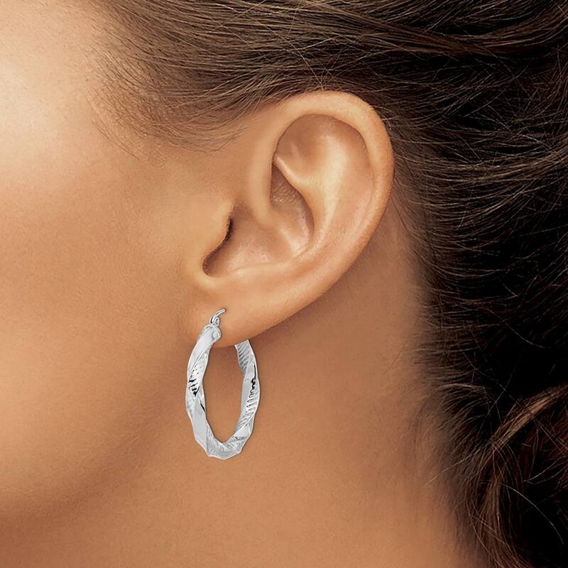 Curata 10k White Gold Polished and Textured Twist Hoop Earrings 32.18x3.75mm