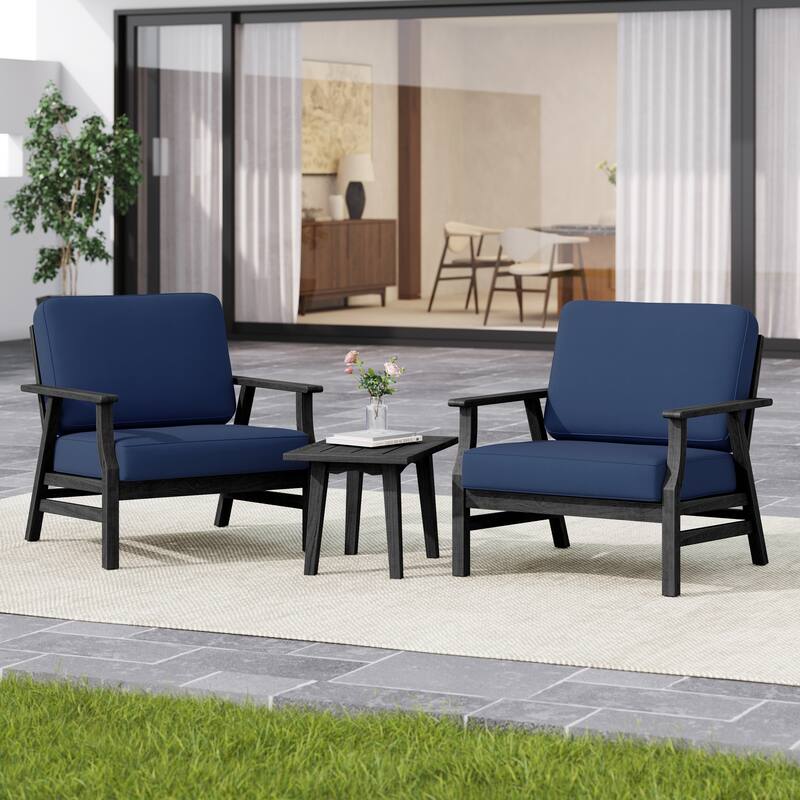 3-piece Cushioned Outdoor Club Chiars With Side Table - BlackFrame/Navy - BlackFrame