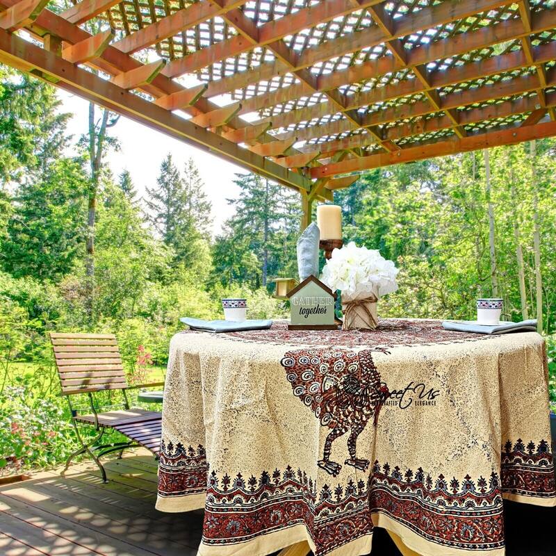 Block Print Veggie Dye Peacock Paradise Paisley Tablecloth Collection