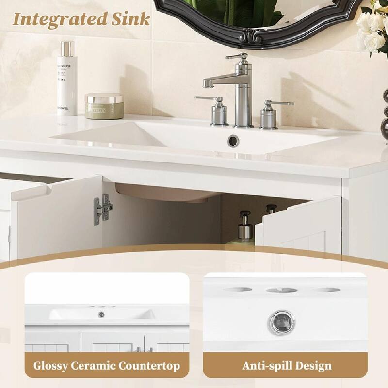 36'' Wall Mounted Bathroom Vanity - Floating Bathroom Storage Cabinet with 2 Drawers, 3 Holes Single Ceramic Sink