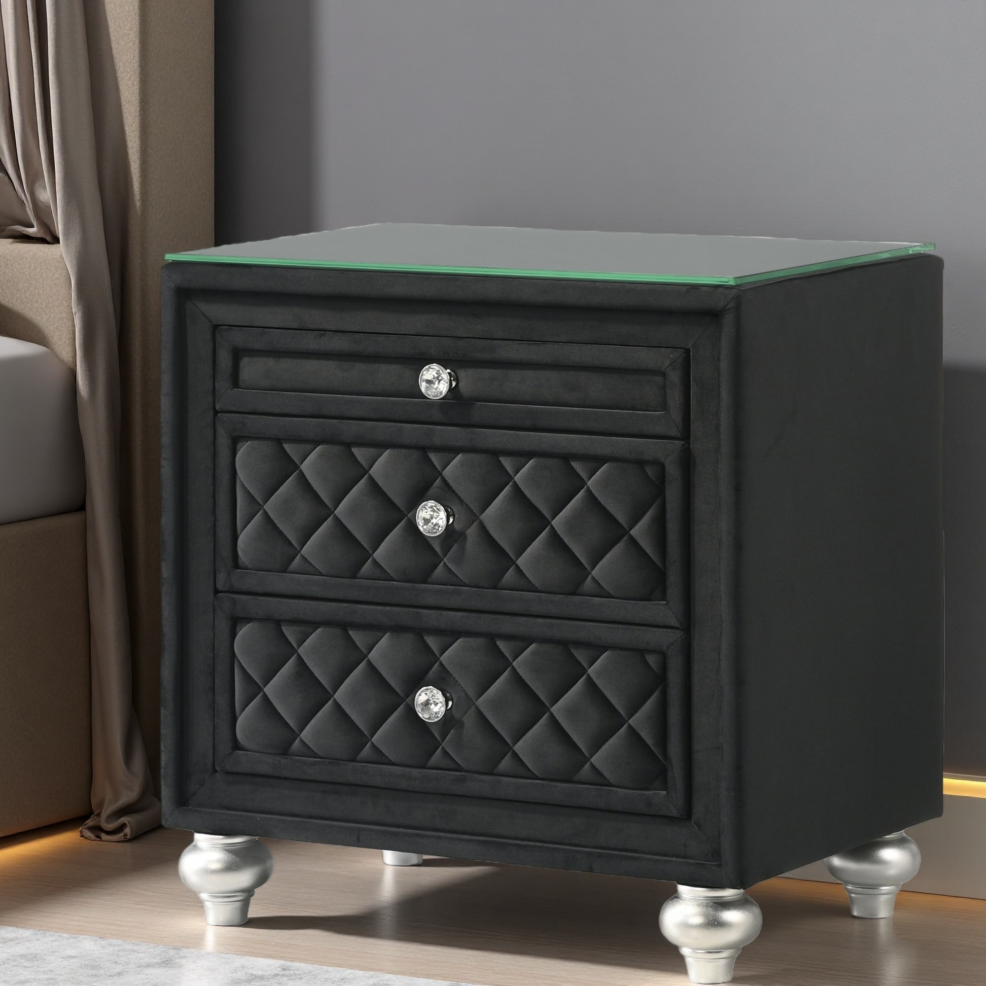 25.88"L Solid Wood Glam 3-Drawer Nightstand with Velvet Tufted Front, Jewelry Tray, Faux Crystal Drawer Knobs, Bedroom Cabinet