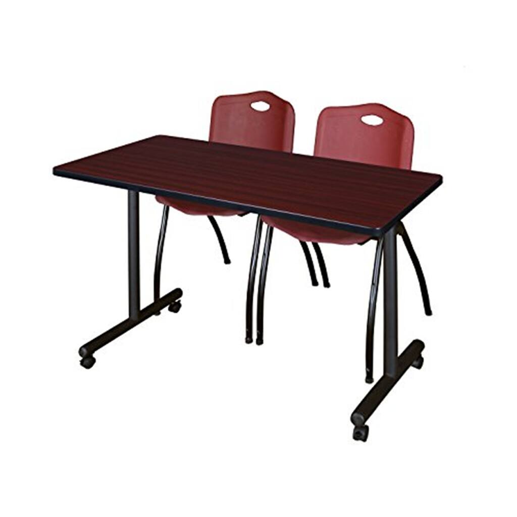 48" x 24" Mobile Training Table- Mahogany & 2 'M' Stack Chairs- Burgundy