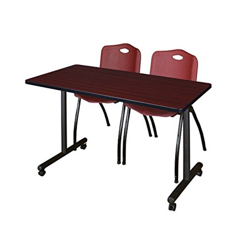 48" x 24" Mobile Training Table- Mahogany & 2 'M' Stack Chairs- Burgundy
