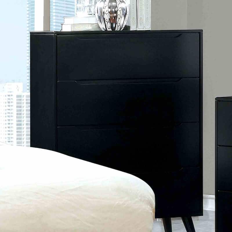 Black Finish Mid Century Modern Bedroom Furniture Set Bed Nightstand Dresser Mirror Chest