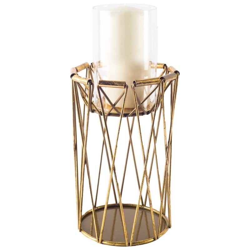 10" Antiqued Brass Distressed Geometric Metal And Glass Tabletop Hurricane Candle Holder