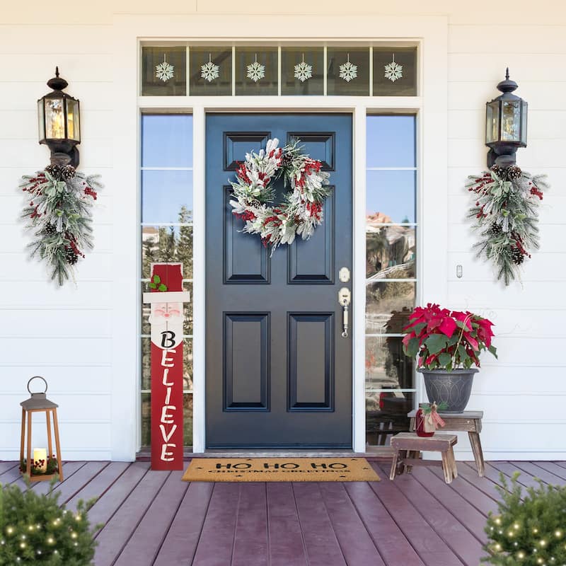Glitzhome Artificial Christmas Flocked Pinecone Berry Teardrop Wreath Centerpiece