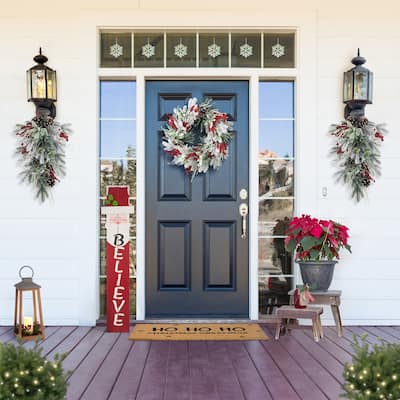 Glitzhome Artificial Christmas Flocked Pinecone Berry Teardrop Wreath Centerpiece