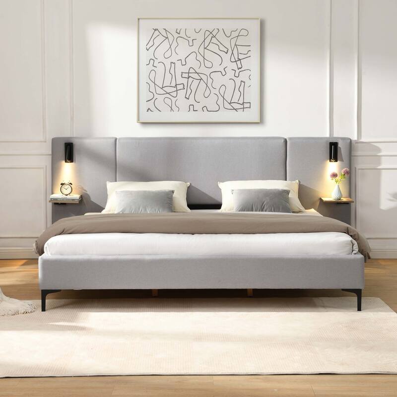 Stylish Design Linen Upholstered Bed with Integrated Lights and Shelves,for Modern and Rustic Interiors - Grey-King Size