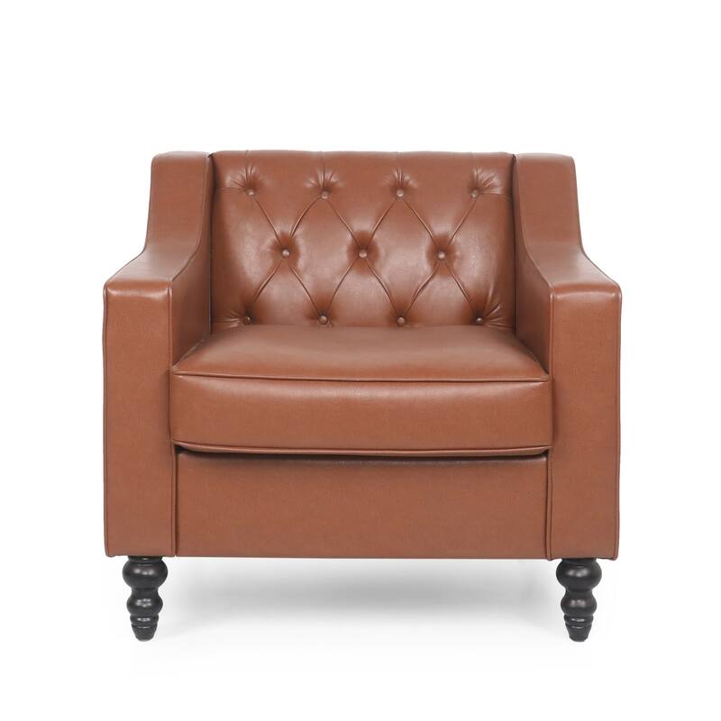 Faux Leather Club Chair Accent Chairs, Modern Upholstered Living Room Chair, Mid-Century Armchair with Tufted Back & Wood Legs