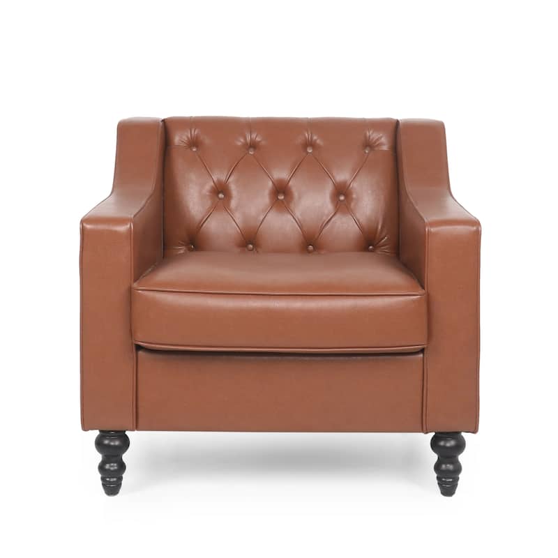 Roomfitters Tufted Faux Leather Accent Chair with Turned Wood Legs, Upholstered Armchair for Living Room, Brown