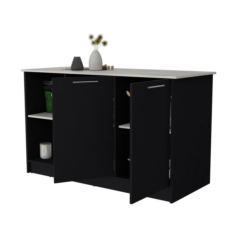 59" Kitchen Island with Large Countertop, Double-Door Cabinets, and Open Shelves, Ideal for Storage & Workspace