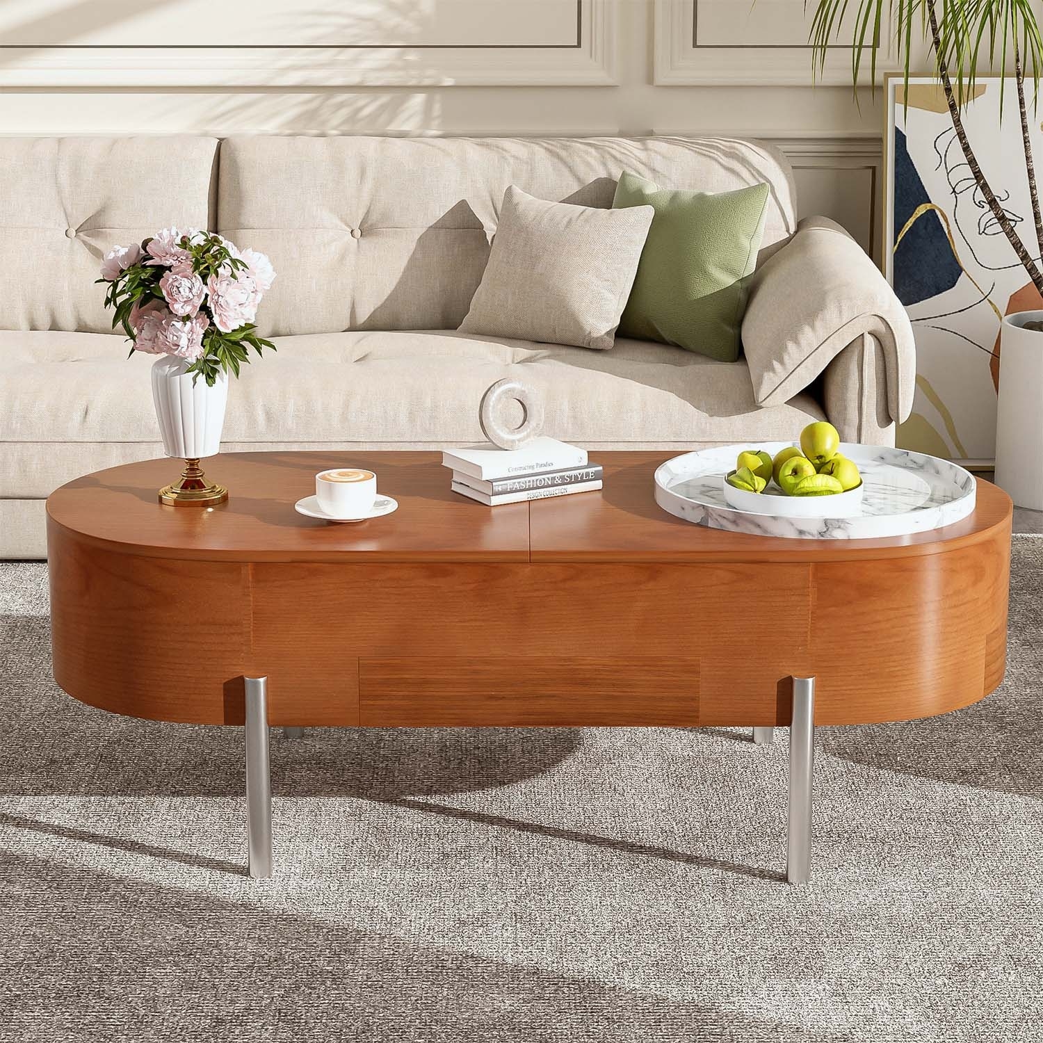 Charming Wooden Coffee Table with Versatile Storage and Rotating Function for Home