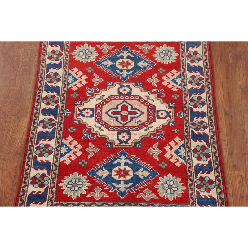 Oriental Kazak Accent Rug Hand-Knotted Geometric Red Wool Carpet - 2'10" x 3'11"