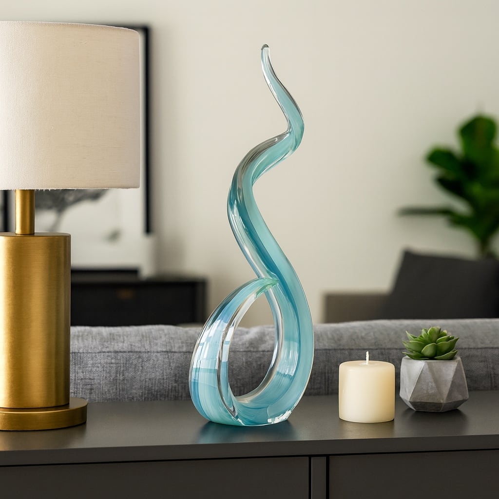 Glass Sculpture Statue Modern Abstract for Home Decor - 18" Blue - 17.75"