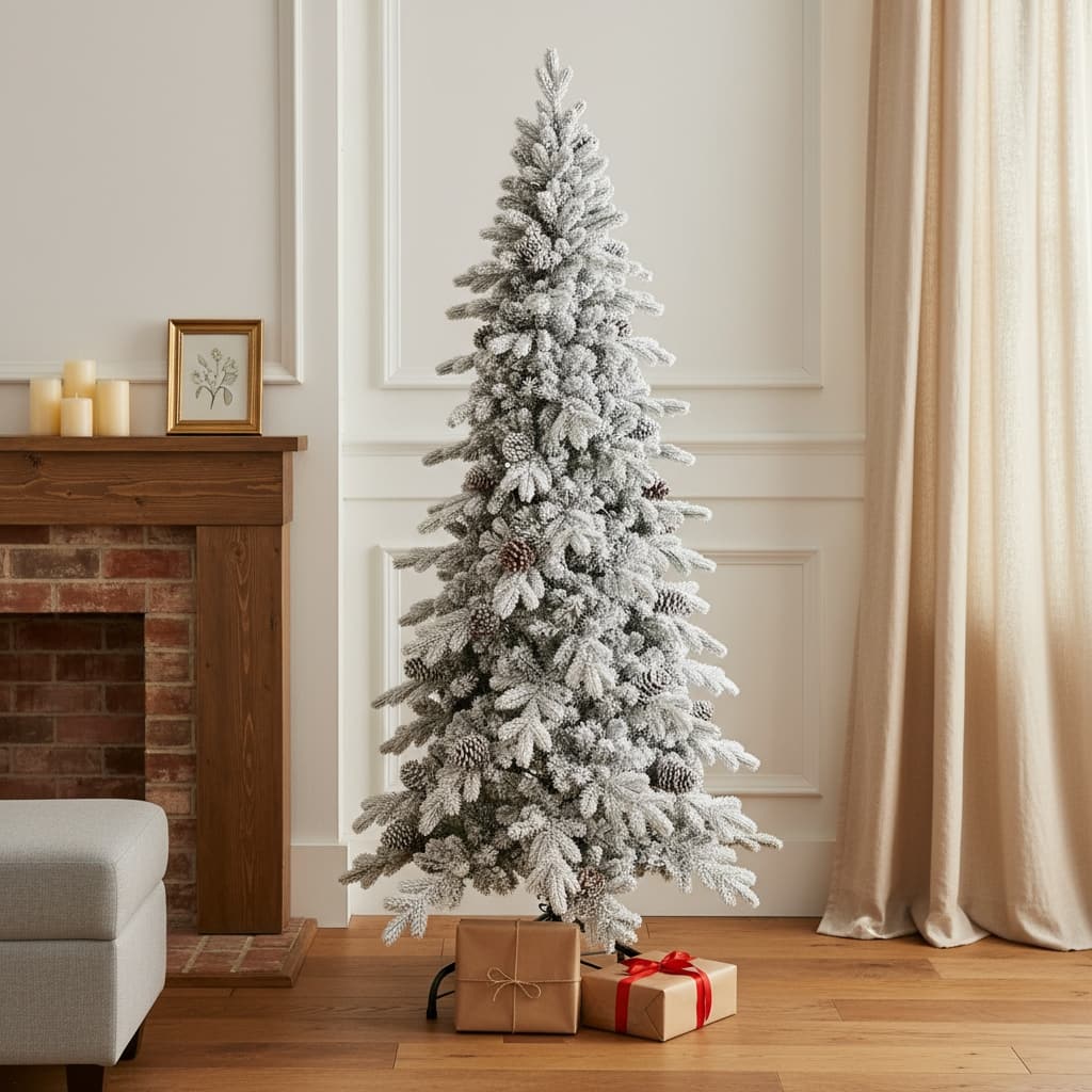 HomeRoots 7.5' Full Flocked Fir Christmas Tree With Decorations - Green - 49.00 in. x 90.00 in. x 49.00 in.