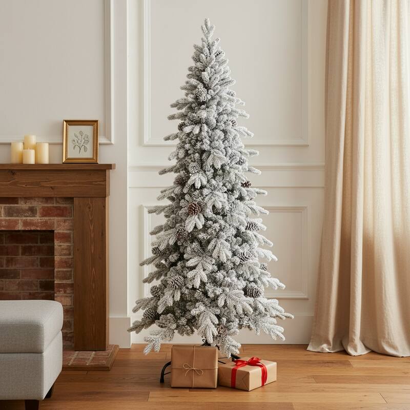 HomeRoots 7.5' Full Flocked Fir Christmas Tree With Decorations - Green - 49.00 in. x 90.00 in. x 49.00 in. - Green - 7.5 Foot