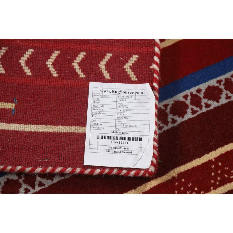 Tribal Red Gabbeh Indian Runner Rug Handmade Wool Carpet - 2'7" x 7'8"