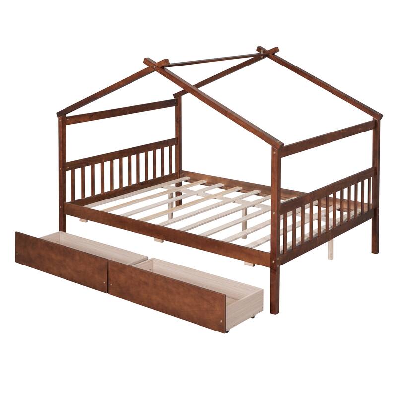 Full Size Wooden House Bed with 2 Drawers, Pinewood Frame, Kids Daybed, No Box Spring Needed