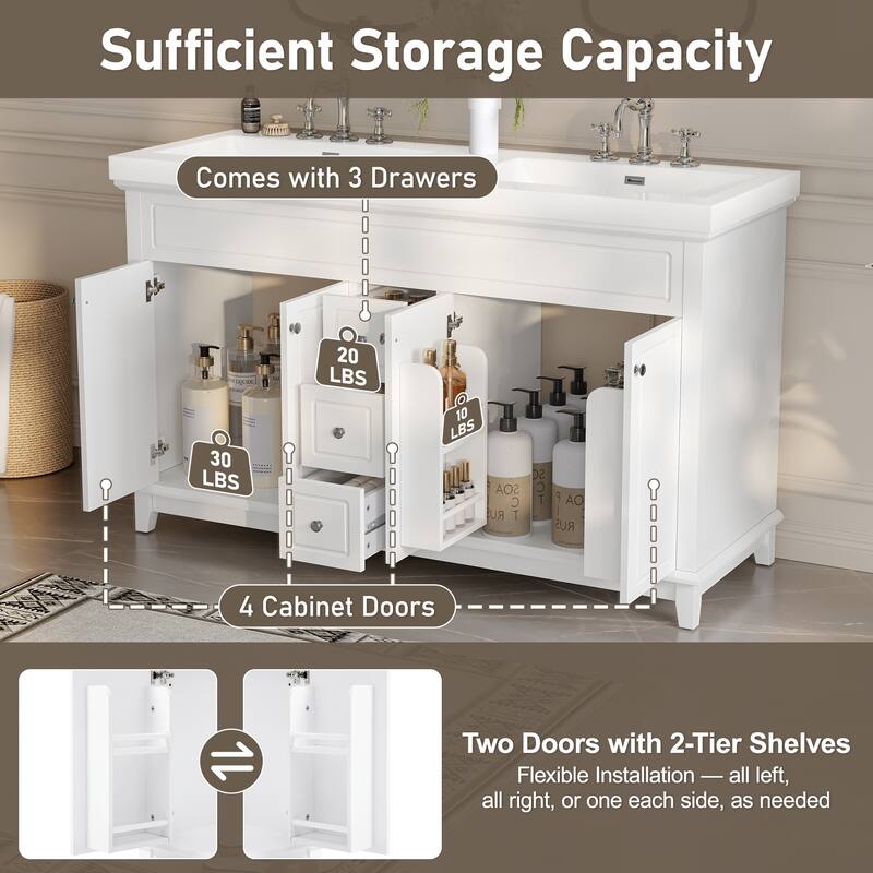 60" Bathroom Vanity with Double Resin Sinks, Soft-Close 4 Doors and 3 Drawers, Solid Wood Legs and Adjustable Shelves