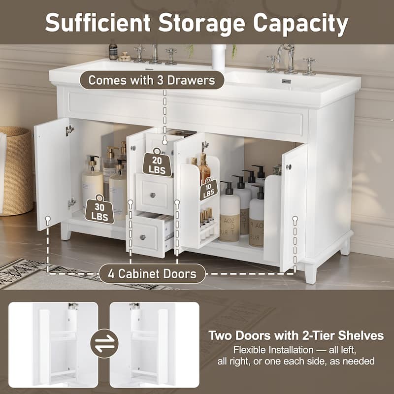 Christopher Knight Home - 58" Classic Wood Bathroom Vanity Cabinet with 3 Drawers & 4 Doors, Soft-Close, White.