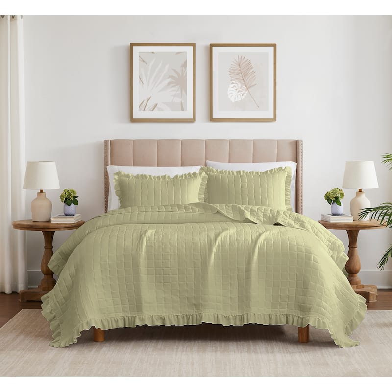 Belina Fringe Brushed Stitched Quilt with Shams - SAGE - Queen