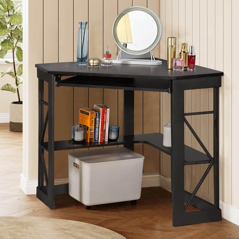 VECELO Triangular Corner Desk with Keyboard Tray Space Saving Metal Computer Desk for Home Office Study Bedroom