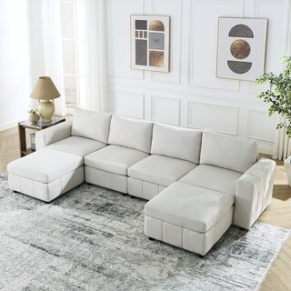U-shape Modular Couch Set 4 Seater Fabric Upholstered Sectional Sofa ...
