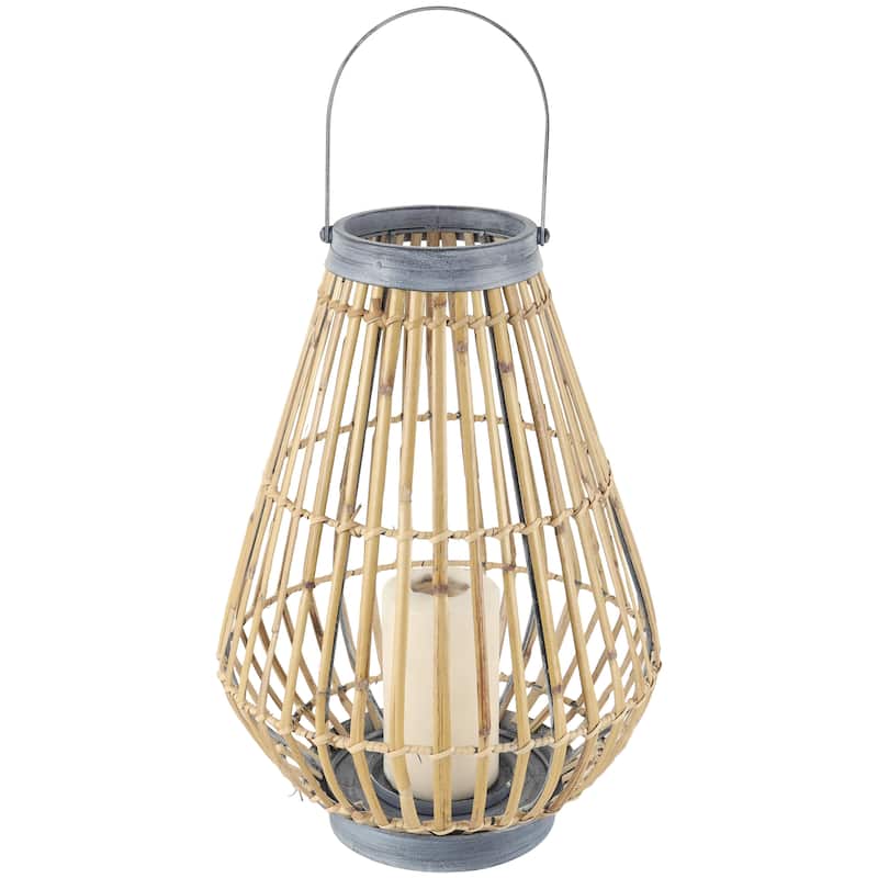 Bamboo Wood Handmade Open Framed Indoor Outdoor Candle Lantern with Blue Metal Accents and Handle - Brown - Roche River Decor - Brown