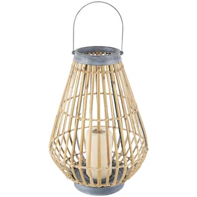 Bamboo Wood Handmade Open Framed Indoor Outdoor Candle Lantern with Blue Metal Accents and Handle - Brown - Roche River Decor