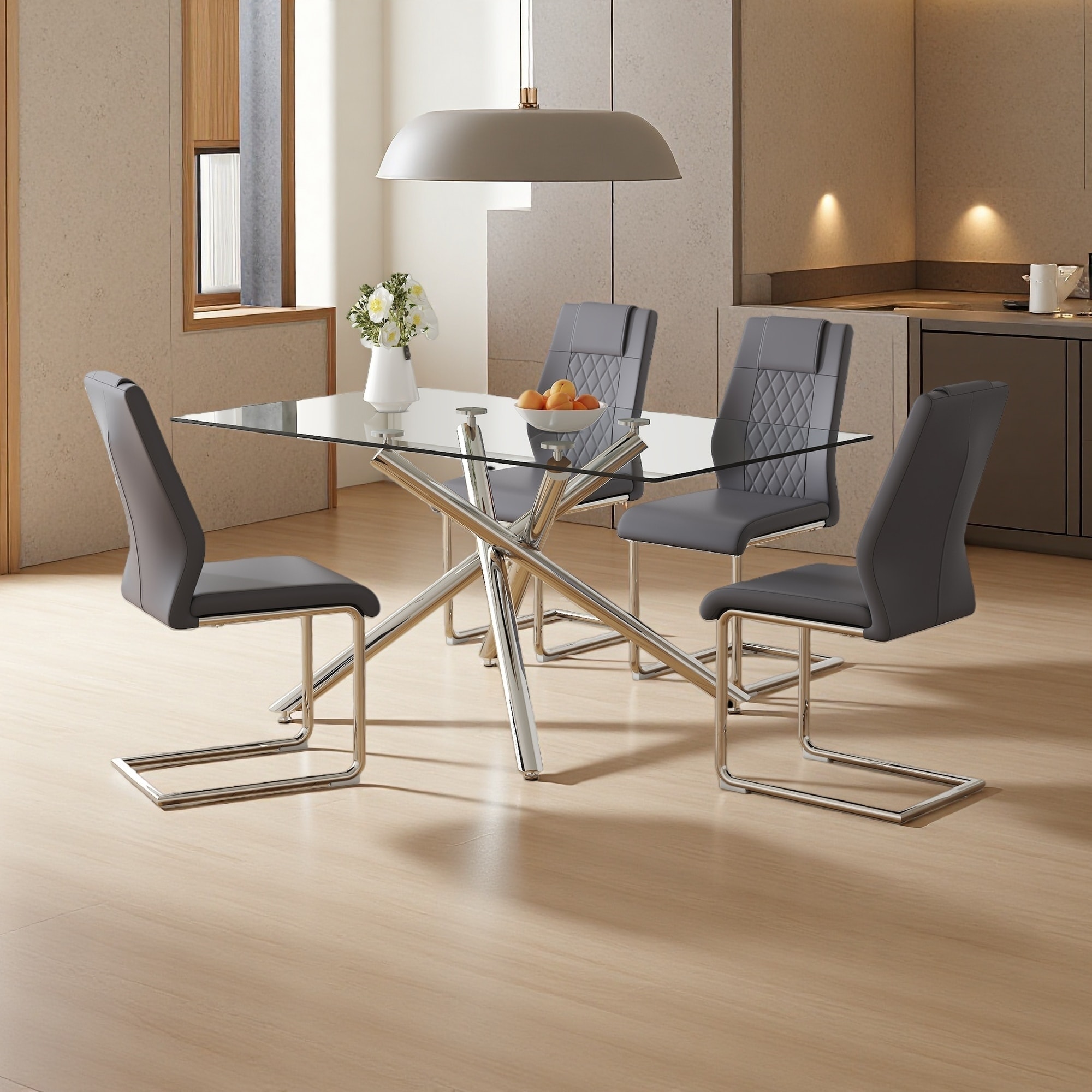 5-Piece Dining Set with Tempered Glass Table and 4 PU Chairs