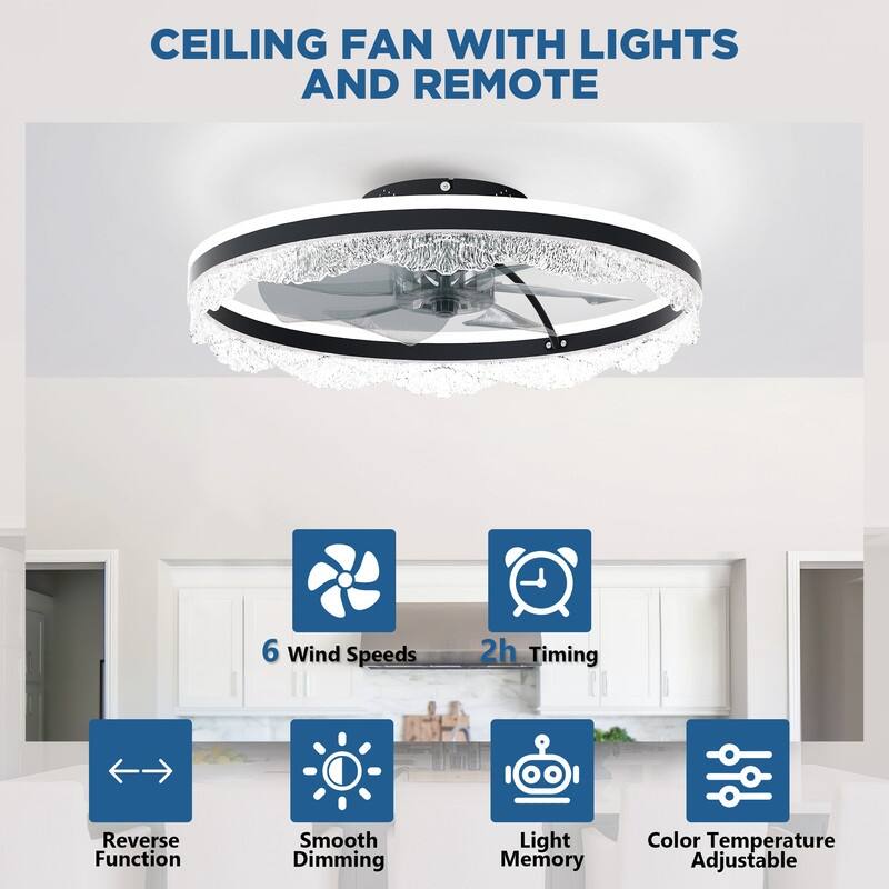 Smart Silent LED Ceiling Fan with Light Crystal Flush Mount, Hidden Blades