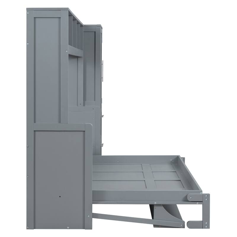 Modern Full/Queen Size Murphy Bed Wall Bed with Closet and Storage Drawers, Space-Saving Foldable Murphy Bed Frame with Shelves